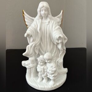 Guardian Angel with Gold Lined Wings Watching Over Boy & Girl Figurine- Preused